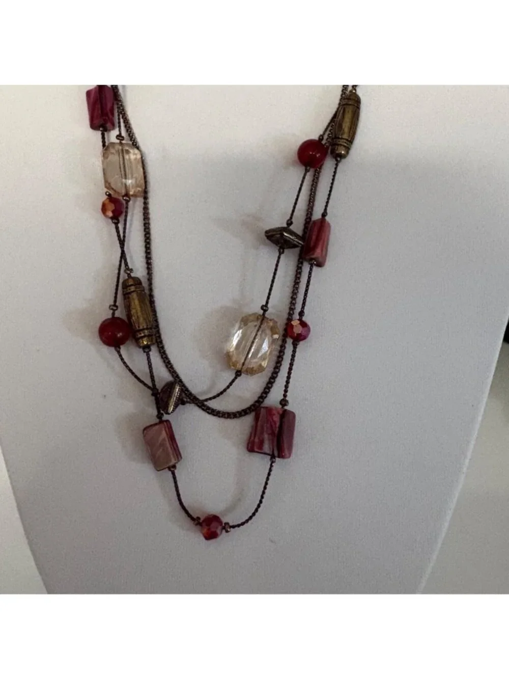 Boho-Inspired Multi-Strand Necklace Red and Clear Beads Bronze Tone Chains